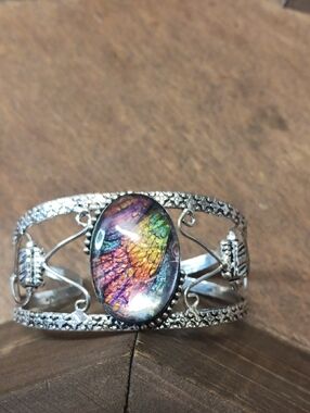 Multicolor Glass Feather Cabochon Silver Cuff Bracelet - Women Jewelry